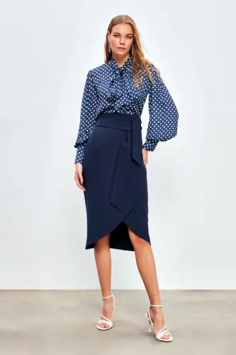 Kuşaklı Kalem Etek - Lacivert-LACİVERT - 3