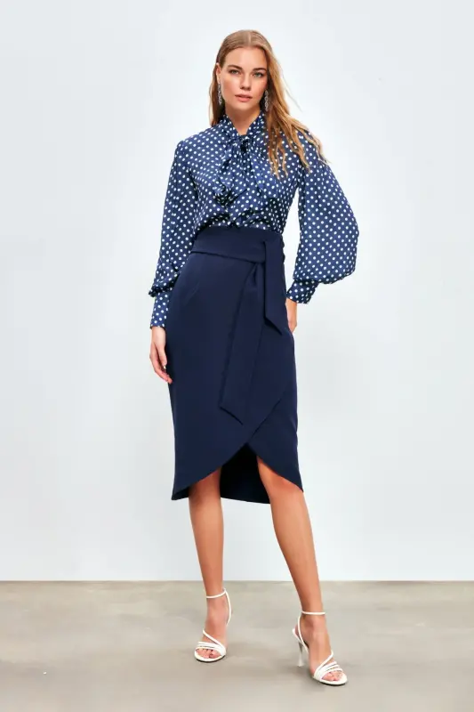 Kuşaklı Kalem Etek - Lacivert-LACİVERT - 3