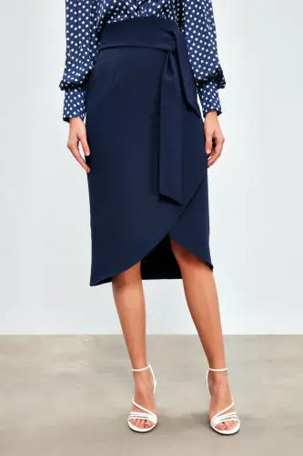 Kuşaklı Kalem Etek - Lacivert-LACİVERT - 5