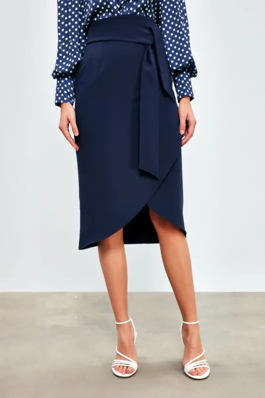 Kuşaklı Kalem Etek - Lacivert-LACİVERT - 5