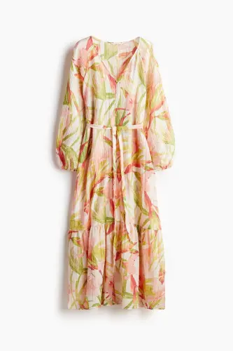 Kuşaklı Krep Elbise-White/Floral 