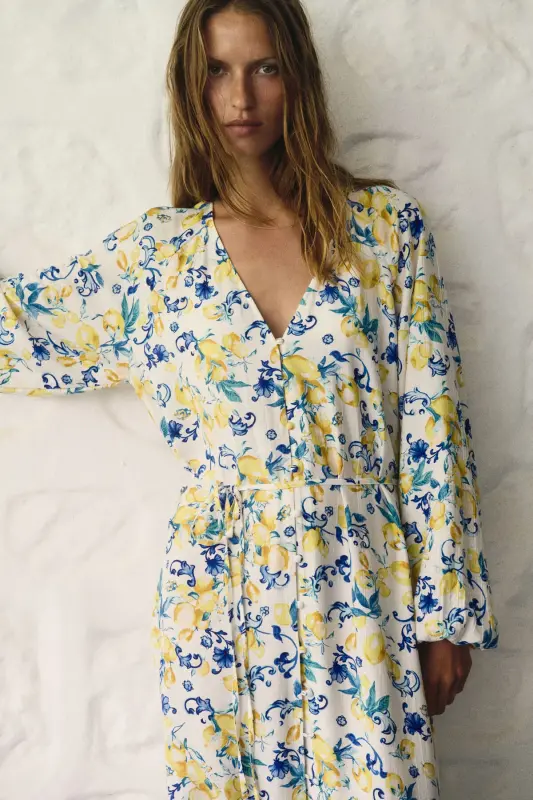 Kuşaklı Krep Elbise-Beyaz/Limonlar - 3