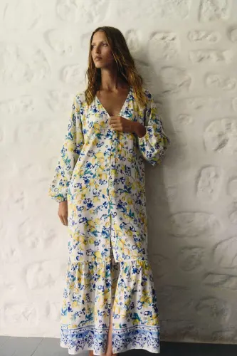 Kuşaklı Krep Elbise-Beyaz/Limonlar - H&M (1)