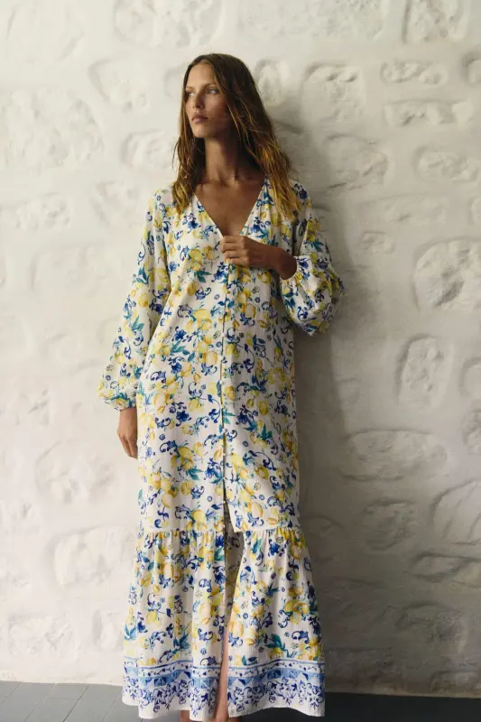 Kuşaklı Krep Elbise-Beyaz/Limonlar - 2