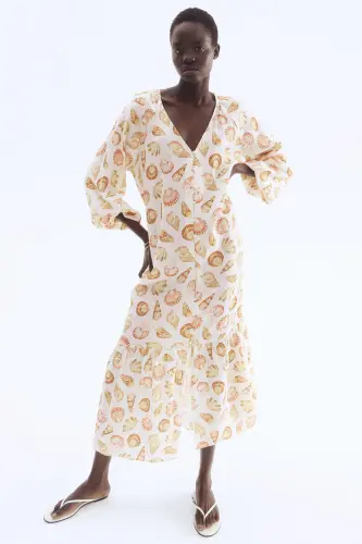 Kuşaklı Krep Elbise-Krem/Deniz kabukları - 2