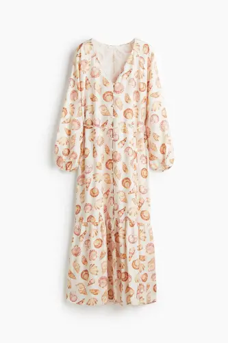 Kuşaklı Krep Elbise-Krem/Deniz kabukları - 3