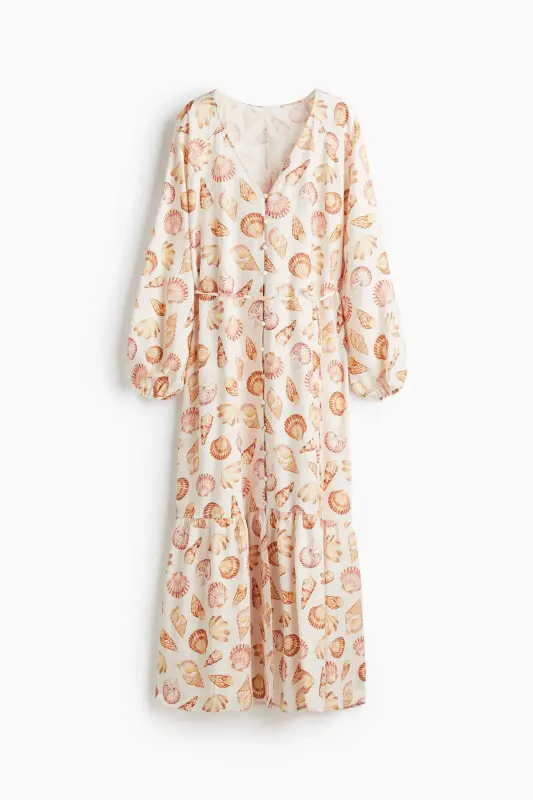 Kuşaklı Krep Elbise-Krem/Deniz kabukları - 3