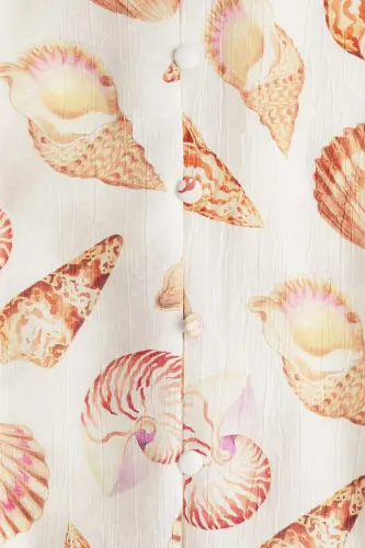 Kuşaklı Krep Elbise-Krem/Deniz kabukları - 5