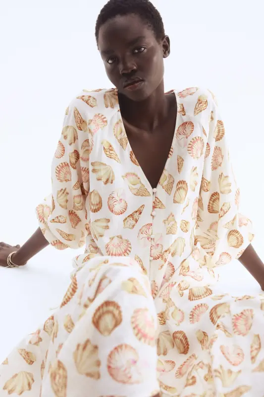 Kuşaklı Krep Elbise-Krem/Deniz kabukları - H&M