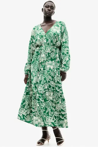 Kuşaklı Krep Elbise-Yeşil/Desenli - H&M (1)