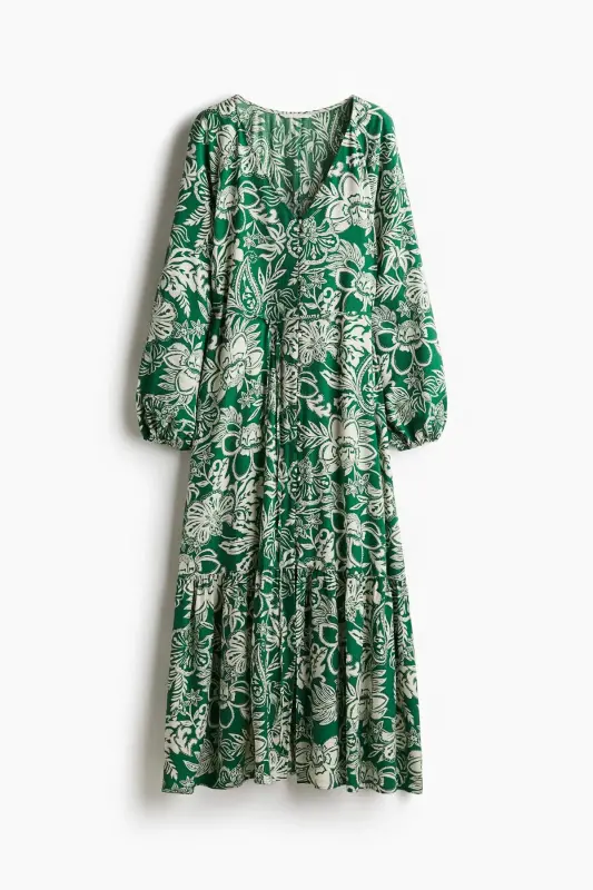 Kuşaklı Krep Elbise-Yeşil/Desenli - 3