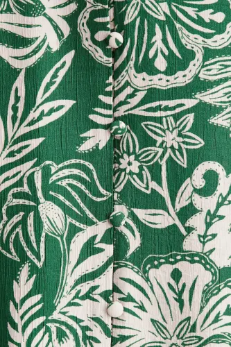 Kuşaklı Krep Elbise-Yeşil/Desenli - 5