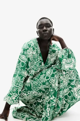 Kuşaklı Krep Elbise-Yeşil/Desenli - 1