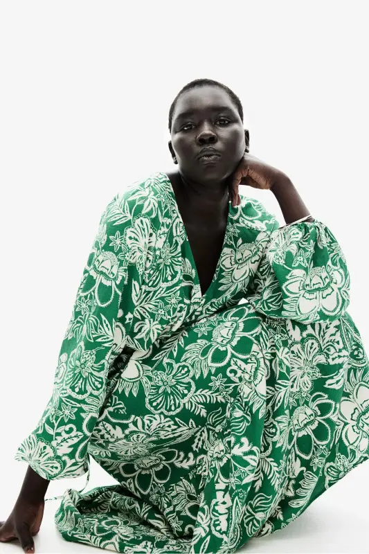 Kuşaklı Krep Elbise-Yeşil/Desenli - H&M