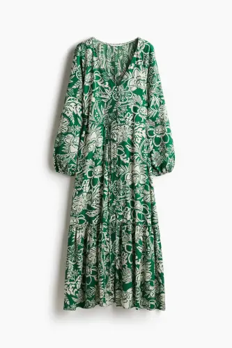 Kuşaklı Krep Elbise-Yeşil/Desenli - 3