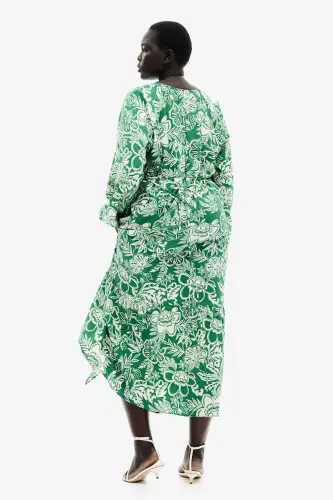 Kuşaklı Krep Elbise-Yeşil/Desenli - 4