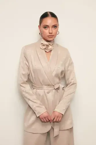 Kuşaklı Uzun Ceket - Bej-BEJ - 3