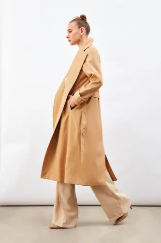 Kuşaklı Uzun Trenç - Bej-BEJ - 3