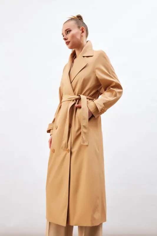 Kuşaklı Uzun Trenç - Bej-BEJ - 4