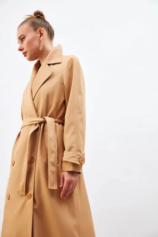 Kuşaklı Uzun Trenç - Bej-BEJ - 6