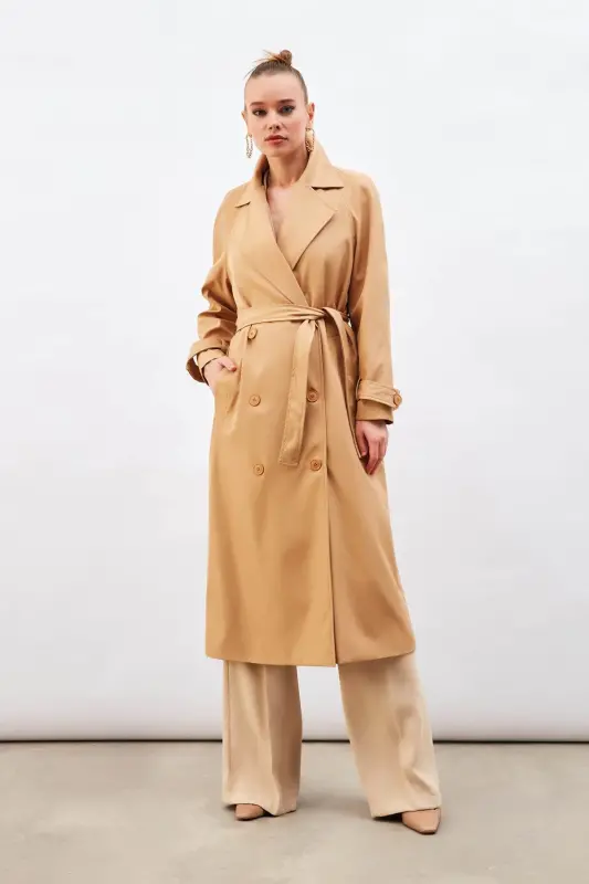 Kuşaklı Uzun Trenç - Bej-BEJ - SATEEN