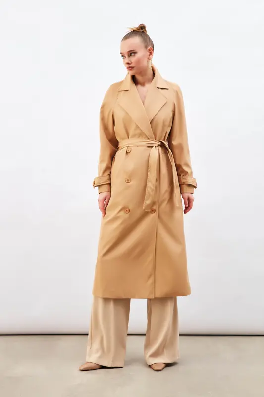 Kuşaklı Uzun Trenç - Bej-BEJ - 5