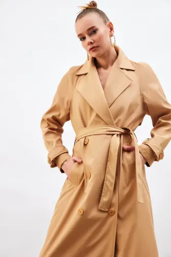 Kuşaklı Uzun Trenç - Bej-BEJ - 7