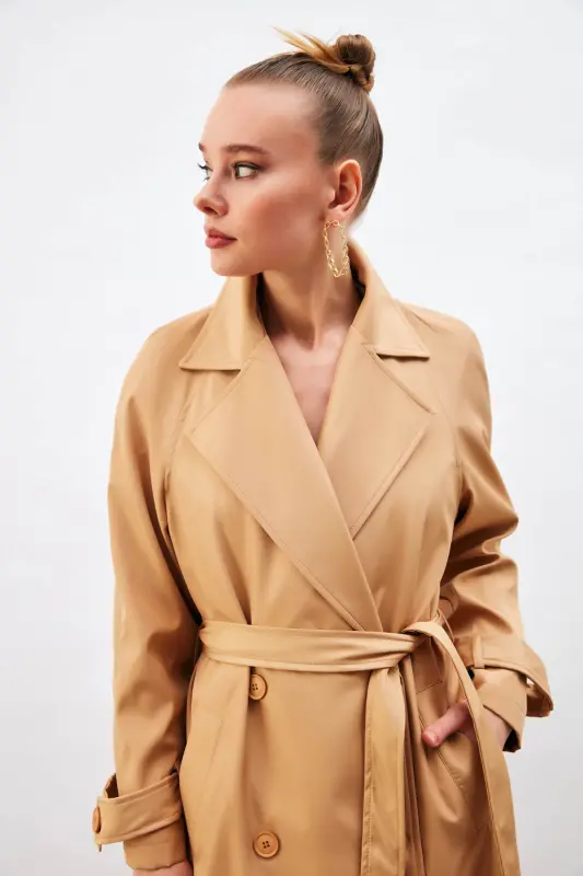 Kuşaklı Uzun Trenç - Bej-BEJ - 8