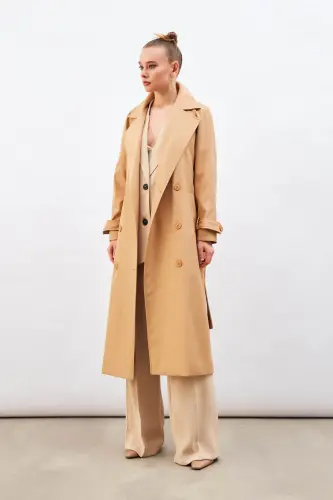 Kuşaklı Uzun Trenç - Bej-BEJ - SATEEN (1)