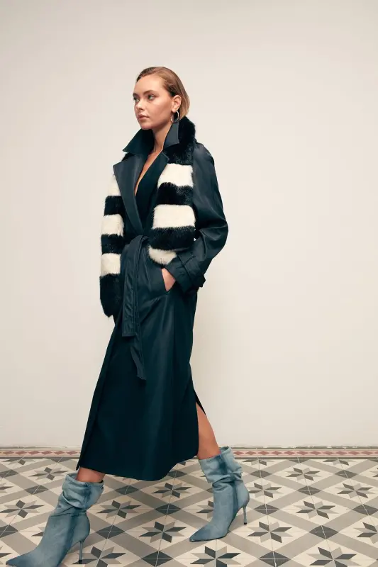 Kuşaklı Uzun Trenç - Lacivert-LACİVERT - 1