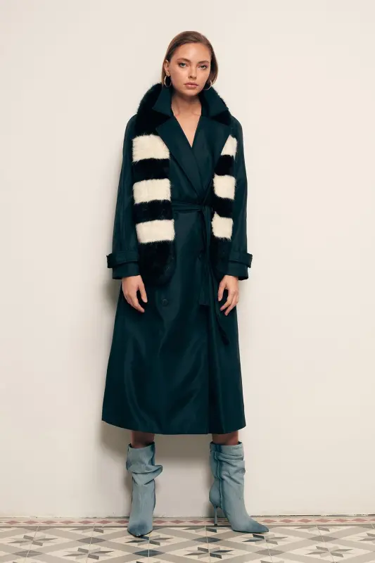 Kuşaklı Uzun Trenç - Lacivert-LACİVERT - 2