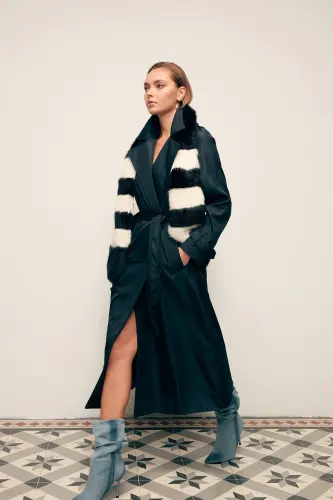 Kuşaklı Uzun Trenç - Lacivert-LACİVERT - 4