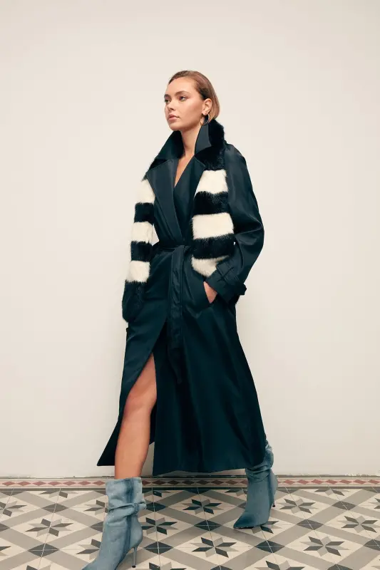 Kuşaklı Uzun Trenç - Lacivert-LACİVERT - 4