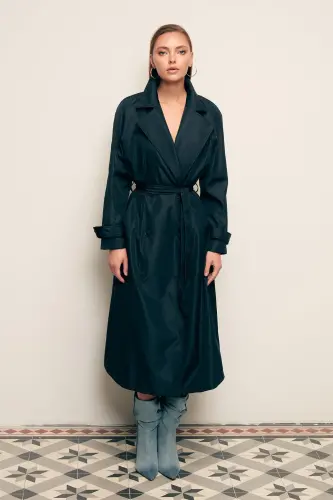 Kuşaklı Uzun Trenç - Lacivert-LACİVERT - 6