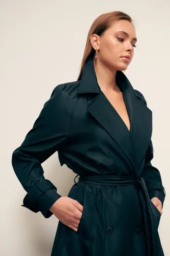 Kuşaklı Uzun Trenç - Lacivert-LACİVERT - 7