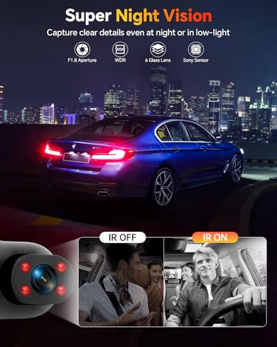Kussla 3 Channel Dash Cam Front and Rear Inside, 1080P Dash Camera for Cars with 64GB Card, Super Night Vision Dashcam, Car Camera with Loop Recording, G-Sensor, WDR, Motion Detection - 4