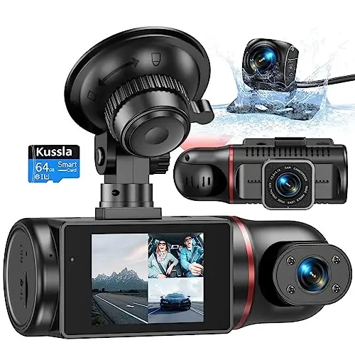 Kussla Dash Cam Front and Rear Inside, 1080P 3 Channel Dash Camera for Cars with 64GB Card, Super Night Vision Dashcam, Car Camera with Loop Recording, G-Sensor, WDR, 24H Parking Monitor - 1