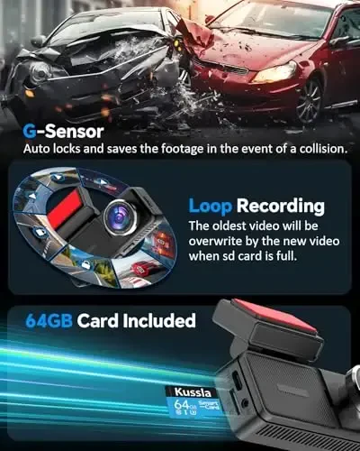 Kussla 4K Dash Cam Front and Rear, 4K+2K Dash Camera for Cars with 5GHz WiFi & APP Control 64GB Included, 3.2