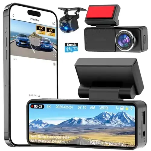 Kussla 4K Dash Cam old va orqa, 5GHz WiFi & APP Control 64GB bilan 4K+2K Dash Camera, 3.2