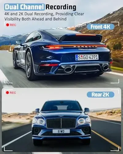 Kussla 4K Dash Cam old va orqa, 5GHz WiFi & APP Control 64GB bilan 4K+2K Dash Camera, 3.2