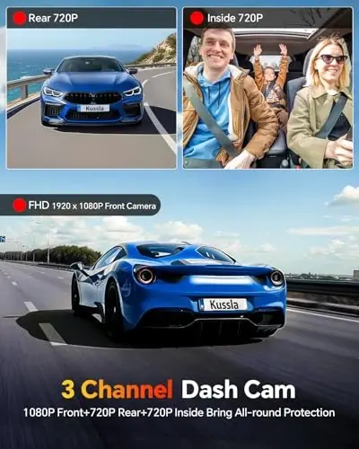 Kussla 4K Dash Cam old va orqa, 5GHz WiFi & APP Control 64GB bilan 4K+2K Dash Camera, 3.2