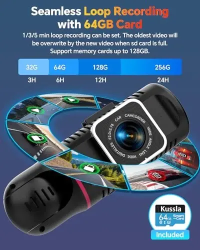 Kussla 4K Dash Cam old va orqa, 5GHz WiFi & APP Control 64GB bilan 4K+2K Dash Camera, 3.2