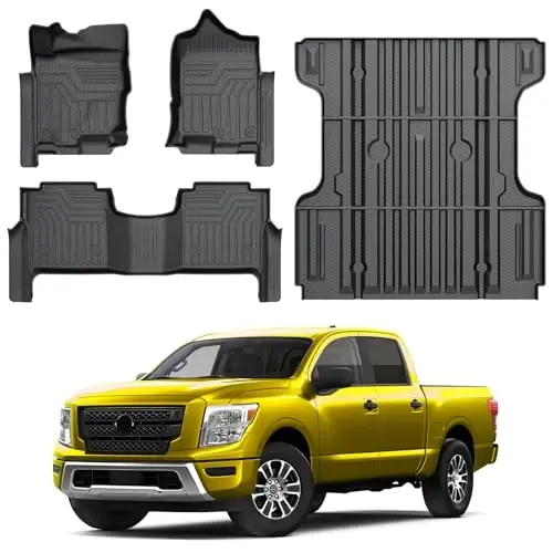 KUST Floor Mats Bed Mat Set for 2017-2024 Nissan Titan, 2016-2024 Titan XD Crew Cab, 5.6FT Truck Bed Liner All Weather TPE Rubber High Edge Heavy Duty 