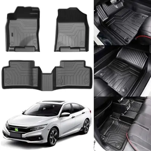 KUST Floor Mats for 2016-2021 Honda Civic Sedan/Type R/Coupe, 2017-2021 Civic Hatchback, All Weather Car Mats Front Rear 2 Rows Set for Civic Accessories TPE Rubber Raised Edge 