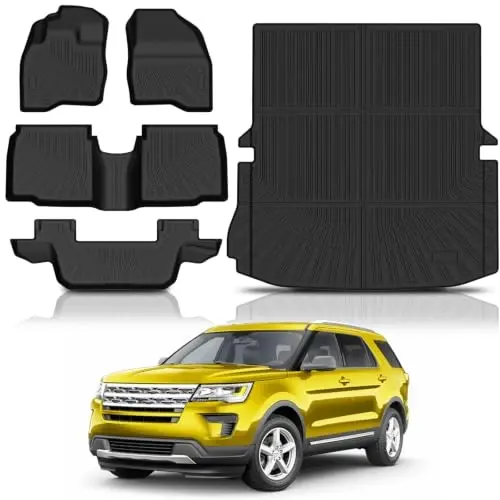 KUST Floor Mats Set for 2015-2019 Ford Explorer Accessories (7 Seats) | Front Rear Car Mats, Rear Trunk Mat, All Weather Protection, TPE Rubber, Raised Edge 
