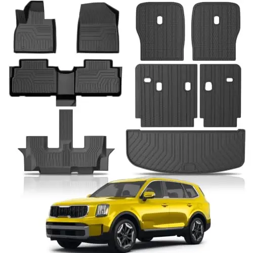 KUST Floor Mats Set for 2020-2025 Kia Telluride Accessories (7 Seats Only) | Seat Back Protectors, Rear Trunk Mat, All Weather Protection, TPE Rubber, Raised Edge, Full Set of 9 