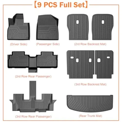KUST Floor Mats Set for 2020-2025 Kia Telluride Accessories (7 Seats Only) | Seat Back Protectors, Rear Trunk Mat, All Weather Protection, TPE Rubber, Raised Edge, Full Set of 9 - KUST (1)