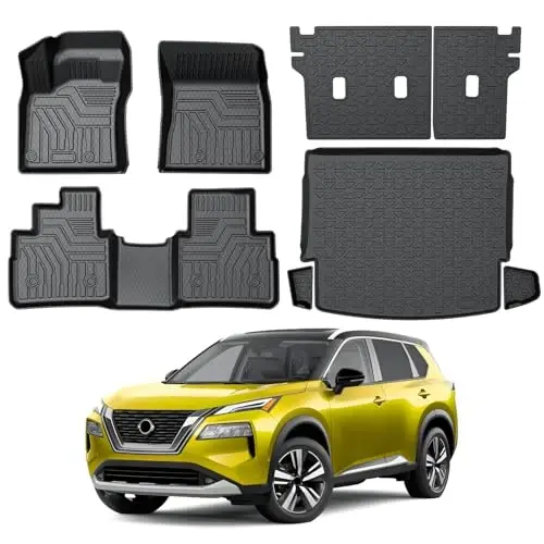 KUST Floor Mats Set for 2021-2026 Nissan Rogue Accessories (Not for Sport & Select), All Weather Floor Liners & Rear Trunk Liner & Backrest Mats, TPE Rubber, Raised Edge 