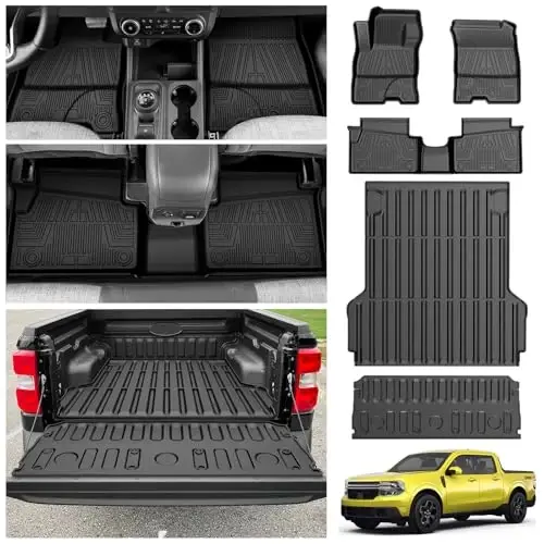 KUST Floor Mats Truck Bed Mat for 2022-2025 2026 Ford Maverick Accessories (Hybrid Only), All Weather Floor Liners & 4.5FT Bed Liner & Tailgate Mat, Full Set Truck Mats TPE Rubber, Raised Edge 