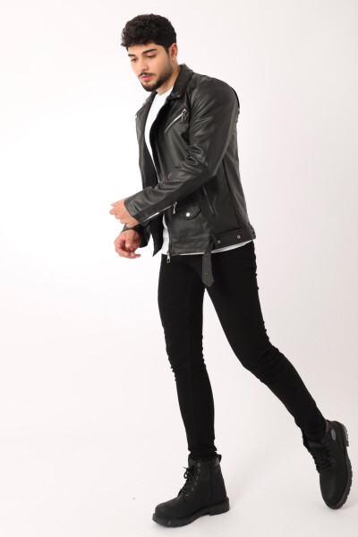 Kuzey Beli Kemerli Suni Deri Ceket Bl 1261-50268 - 5